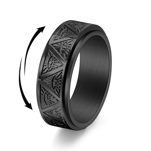 SNHHNSW Personalisierte 8mm böse Eye Spinner Ringe für Männer Edelstahl Zappel Ringe Schwarzer Band Ehering Knöchel Pyramid Böse Augenringe Dad Vintage Gift Komfort Pass von SNHHNSW