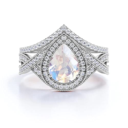 SNHHNSW Teardrop Moonstone und Moissanit Ehering Sets für Frauen 10k 14k fest birnenförmige Mondsteinringe für Mutter Frau von SNHHNSW