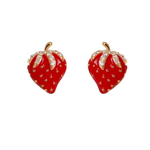 Süße Erdbeerohrringe Post für Frauen Kristall kleiner Obstohrringstecker Rot Emaille Lifelike Obst Erdbeerschmuck Knorpel Tragus Geschenke Enkelin Nichte von SNHHNSW