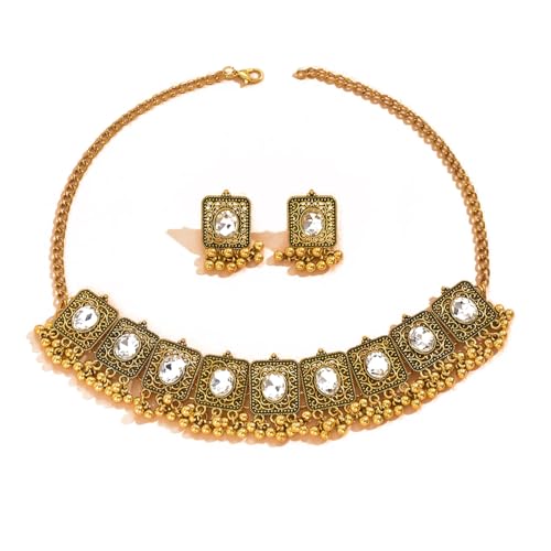 Vintage ethnischer Schmuck Set für Frauen Boho Kubikzirkonia Perlen Dangle Ohrring Quasten Halskette Halskette Kristall Hochzeitsfeier oxidiert traditionelles indisches Bollywood Geschenk Daily Wear von SNHHNSW