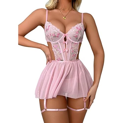 SNOMYRS Floral Dessous Besticktes Korsett Mesh Spitze Bodysuit Babydoll Dessous Kleid Nachthemd Plus Größe mit Strumpfband Tong von SNOMYRS