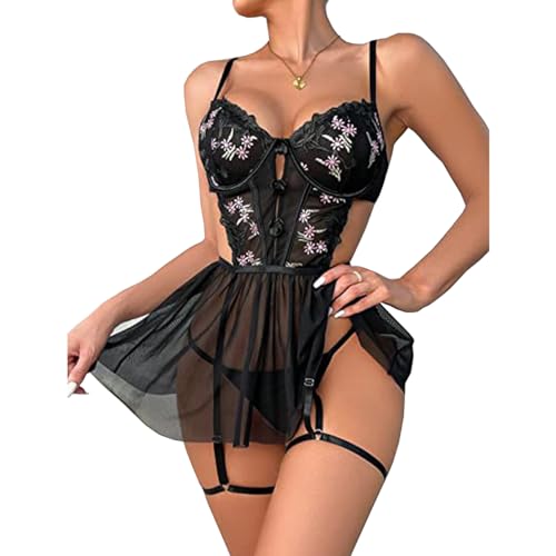 SNOMYRS Floral Dessous Besticktes Korsett Mesh Spitze Bodysuit Babydoll Dessous Kleid Nachthemd Plus Größe mit Strumpfband Tong von SNOMYRS