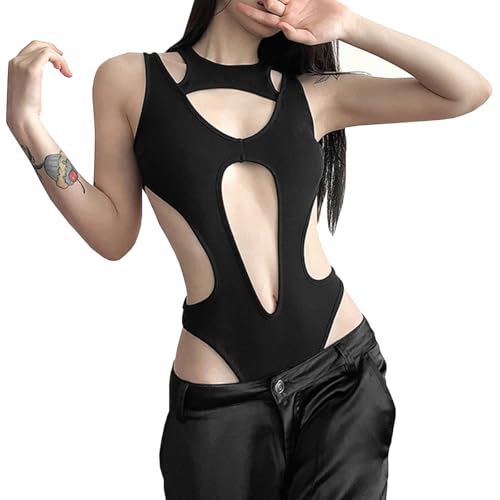 Frauen Cutout Bodysuit Schwarz Y2k Goth Ärmellos Hollow Out Rave Outfits Strampler Jumpsuits Party Club One Piece von SNOMYRS