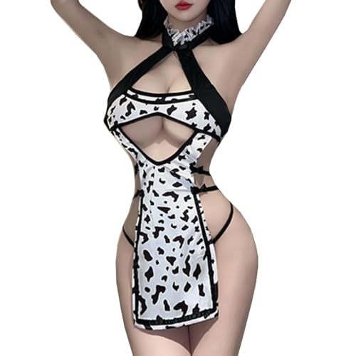 SNOMYRS Kuh Bikini Cosplay Dessous Dienstmädchen Outfit Kawaii Kuh Druck Cheongsam Mit Strumpf von SNOMYRS