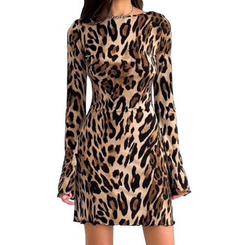 SNOMYRS Leopard Print Kleid Für Frauen Bell Langarm Y2k Kleider Gepard Zebra Schlangenleder Mini Kleid Bodysuit von SNOMYRS