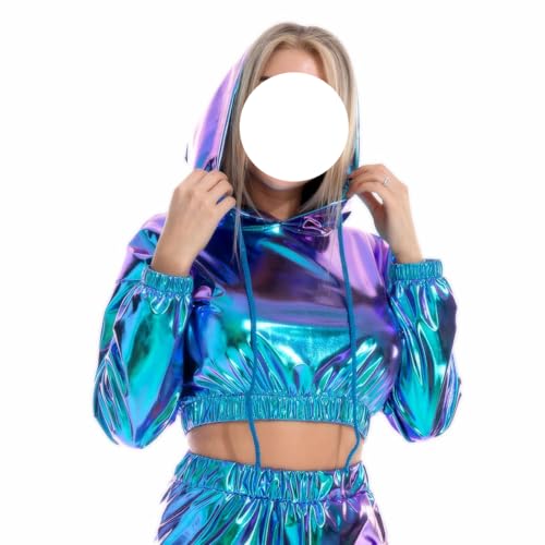 SNOMYRS Rave Outfit Plus Size Metallic Tops Langärmelige Kapuze Sportbekleidung Reflektierende holographische Musik Festival Outfits von SNOMYRS
