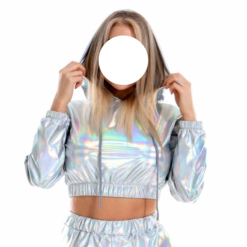 SNOMYRS Rave Outfit Plus Size Metallic Tops Langärmelige Kapuze Sportbekleidung Reflektierende holographische Musik Festival Outfits von SNOMYRS