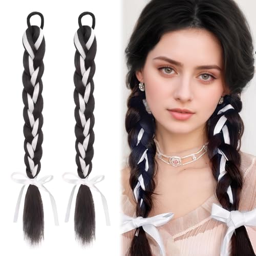 2 Stück Ponytail Extension,Zopf Extension,Extensions Zopf,50cm Pferdeschwanz Haarteil,Braids Extensions Weiße Ribbon Braids,geeignet für Frauen Mädchen(Braun und Schwarz) von SNONESIY