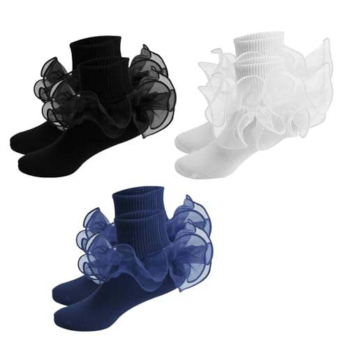 3 Paar RüSchen Socken Mit RüSchen Damen RüSchen Socken SöCkchen Mit RüSchen SöCkchen Socken Mit RüSchen Frilly Socks MäDchen RüSchen Socken RüSchen RüSchensocken FüR 8-10 Jahre (Blau,Schwarz,Weiß) von SNONESIY