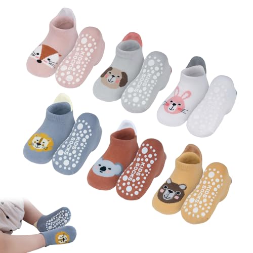 SNONESIY 6 Paare Anti Rutsch Socken Baby & Kind, Rutschfeste Socken, Extra Anti-Rutsch Funktion für Maximalen Halt & Komfort, Cartoon Muster, Weiß, Small, 6 Stück von SNONESIY