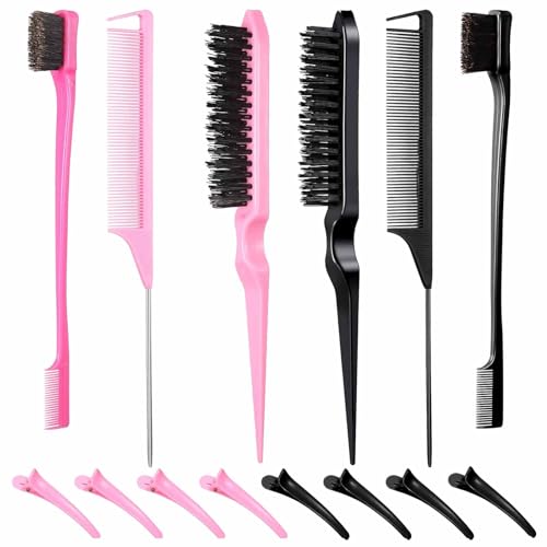SNONESIY 6PCS Sleek Bun Bürste Sleek Bürste Toupierbürste Sleek Zopf Bürste Kommt Mit 8 Stück (Rosenrot+schwarz) Entenschnabel-Clips Geeignet Für Frauen Und Mädchen (Schwarz+rosa) von Matsizen