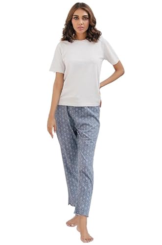 SNOOZE OFF Damen Schlafanzug |2-Teiliges Pyjama-Set |Kurzarm-Oberteil in Weiß-Melange & Lange Hose in Hellblau mit Blumendruck |Rüschendetails & Kordelzug |100% Baumwolle von SNOOZE OFF