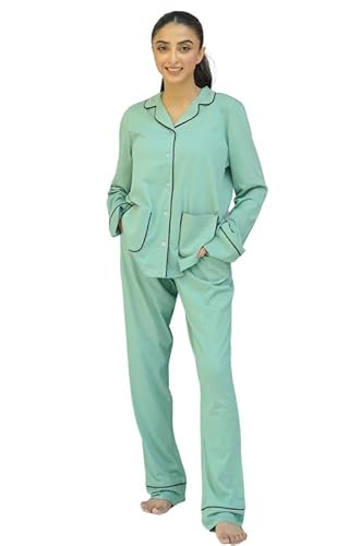 SNOOZE OFF Damen Schlafanzug | 2-Teiliges Pyjama Set | Langarm Oberteil & Lange Hose in hellgrün |Schwarze Kontrastpaspelierung | 100% Baumwolle von SNOOZE OFF