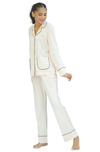 SNOOZE OFF Damen Schlafanzug | 2-Teiliges Pyjama Set | Langarm Oberteil & Lange Hose in hellpink |Schwarze Kontrastpaspelierung | 100% Baumwolle von SNOOZE OFF