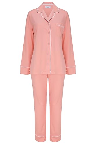 SNOOZE OFF Damen Schlafanzug | 2-Teiliges Pyjama Set in Lachsfarben | Langarm Oberteil & Lange Hose | 100% Baumwolle von SNOOZE OFF