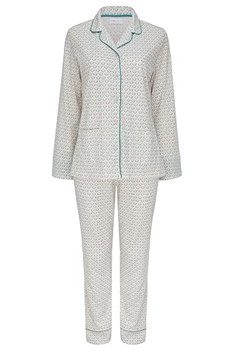 SNOOZE OFF Damen Schlafanzug | Cremefarben mit grün-rosé Blumenmuster | 100% Baumwolle | Klassischer Pyjama mit grüner Kontrastpaspelierung | V-Ausschnitt & Aufgesetzte Taschen | Lange Ärmel & Hose von SNOOZE OFF