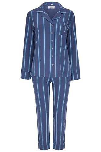 SNOOZE OFF Damen Schlafanzug | Klassisches Streifen-Design in Blau | 100% Baumwolle | Weicher Pyjama mit Knopfleiste, V-Ausschnitt & Brusttasche | Lange Ärmel & Hose von SNOOZE OFF