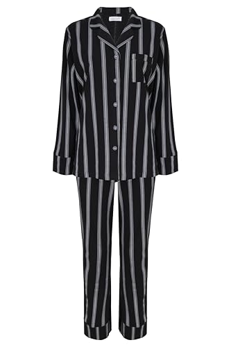 SNOOZE OFF Damen Schlafanzug | Klassisches Streifen-Design in Schwarz | 100% Baumwolle | Weicher Pyjama mit Knopfleiste, V-Ausschnitt & Brusttasche | Lange Ärmel & Hose von SNOOZE OFF
