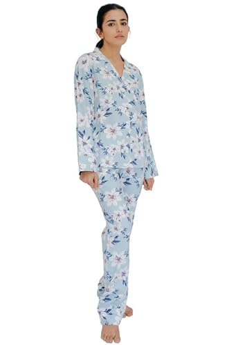 SNOOZE OFF Damen Schlafanzug | Kuscheliges 2-Teiliges Pyjama Set | Langarm Oberteil & Lange Hose | 100% Baumwolle | Hellblau mit Blütendruck in weiß von SNOOZE OFF