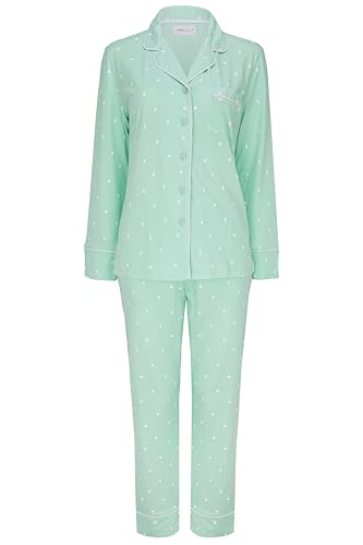 SNOOZE OFF Damen Schlafanzug | Pastellgrün mit Weißen Herzen | 100% Baumwolle | Klassischer Pyjama mit Weißer Kontrastpaspelierung | V-Ausschnitt & Brusttasche | Lange Ärmel & Hose von SNOOZE OFF