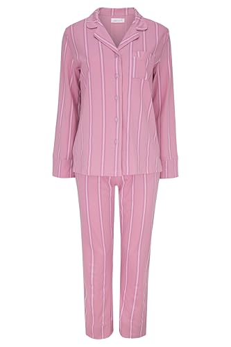 SNOOZE OFF Damen Schlafanzug | Sanftes Streifen-Design in Rosa | 100% Baumwolle | Weicher Pyjama mit Knopfleiste, V-Ausschnitt & Brusttasche | Lange Ärmel & Hose von SNOOZE OFF
