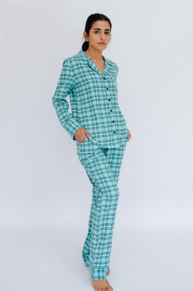 SNOOZE OFF Pyjama Schlafanzug aus Flanell in türkisem Karomuster (2 tlg., 1 Stück) mit Kontrastpaspel-Details von SNOOZE OFF