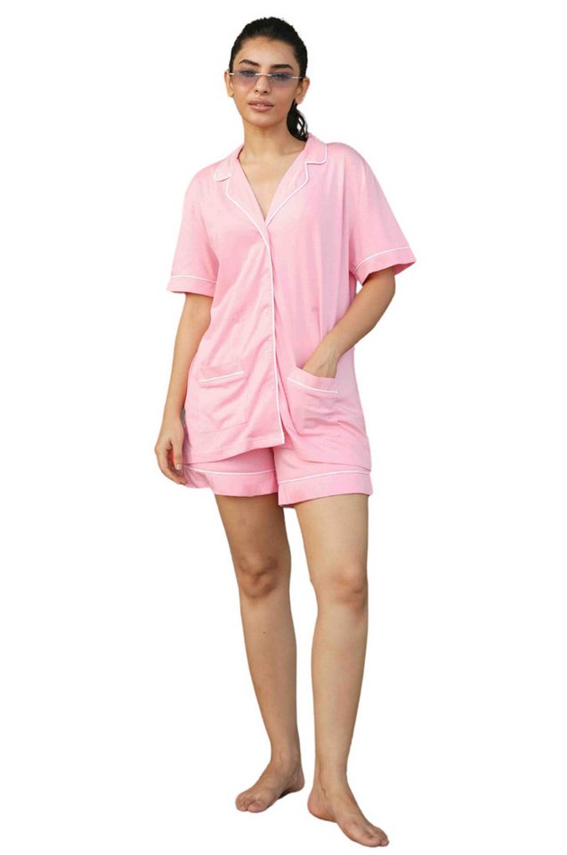 SNOOZE OFF Shorty Damen Pyjama 2-teilig aus 100 % Baumwolle in Rosé mit Kontrastpaspel (2 tlg., 1 Stück) kurzarm Hemd & Shorts von SNOOZE OFF