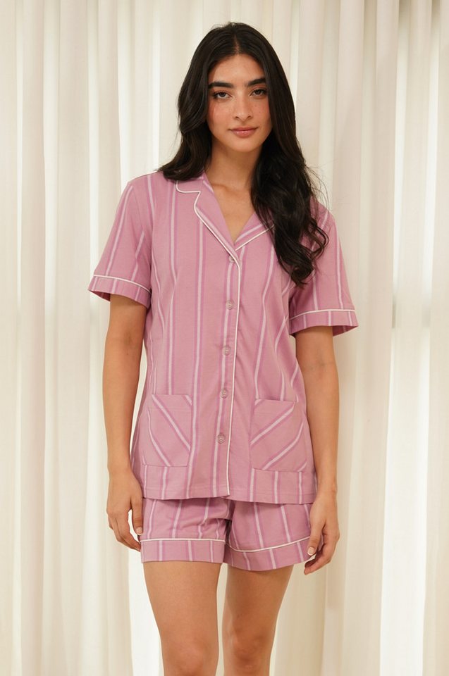 SNOOZE OFF Shorty Damen Pyjama gestreift in Rosa-Lila mit kurzarm Hemd & Shorts (2 tlg., 1 Stück) aus 100% Baumwolle von SNOOZE OFF
