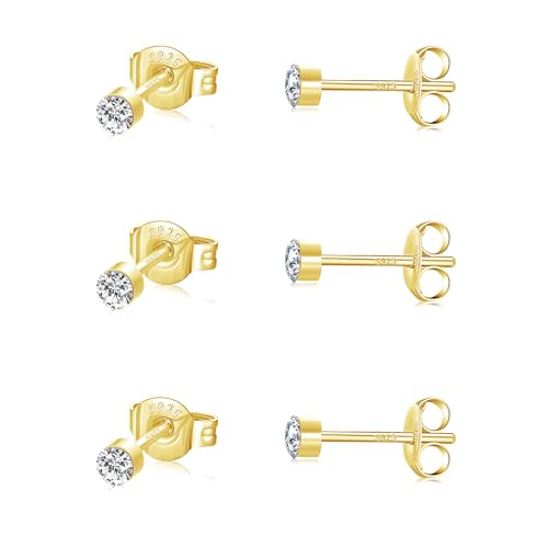 SNORSO Ohrringe Silber 925 Stecker mit Zirkonia, Hypoallergen 925 Sterling Silber Ohrstecker für Damen Mädchen, 2mm Gold Rund Klein Schlafen Knorpel Ohrstecker mit Geschenk Box von SNORSO