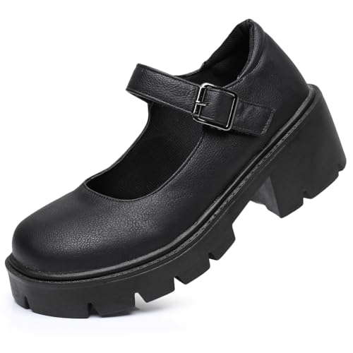 Plateau-Pumps für Damen, Gothic-Lolita-Schuhe, Mary Janes, Knöchelriemen, Keilabsatz, Matt, 39 EU von SNORW