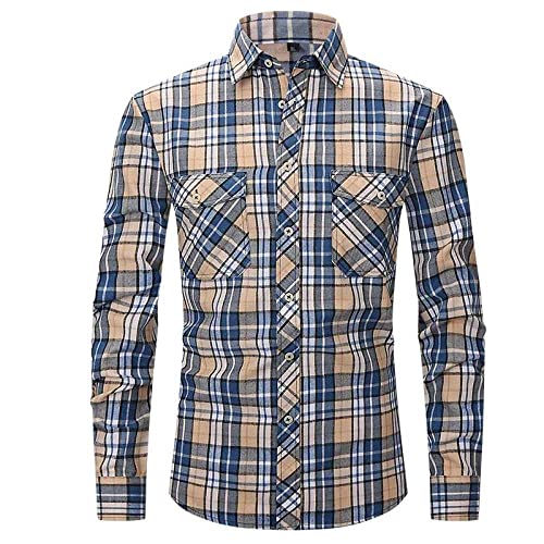 SNPP Freizeithemdenspring New Bluekhaki Gebürstete Plaidhemden Herren Freizeithemden Lange Ärmel Doppeltaschen Flanellhemden Klassische Mode Weich Bequeme Geschenke Für Freund Und Vater,L von SNPP