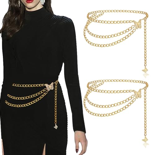 Gürtel Gold, 2 Stück Goldener Gürtel Damen Kettengürtel Taillengürtel Bauchkette Waist Chain für Kleid Hochzeit Party Brautjungfernkleider Jeanskleid von SNSYGN