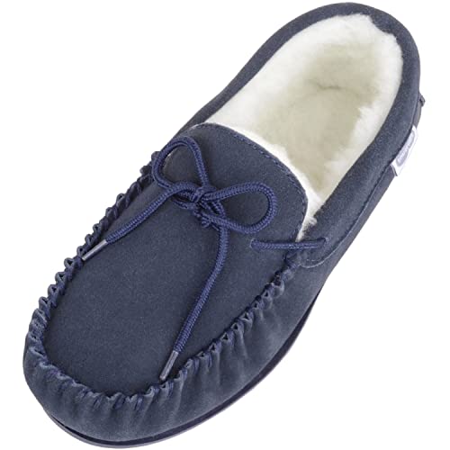 SNUGRUGS Damen Clara Low-Top Lammwolle Mokassin Hausschuhe, Blau - marineblau - Größe: 41 EU von Snugrugs