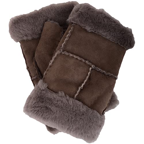 SNUGRUGS Damen-Handschuhe für den Winter, dick, weich, echtes Schaffell, fingerlose Fäustlinge, braun, M/L von Snugrugs