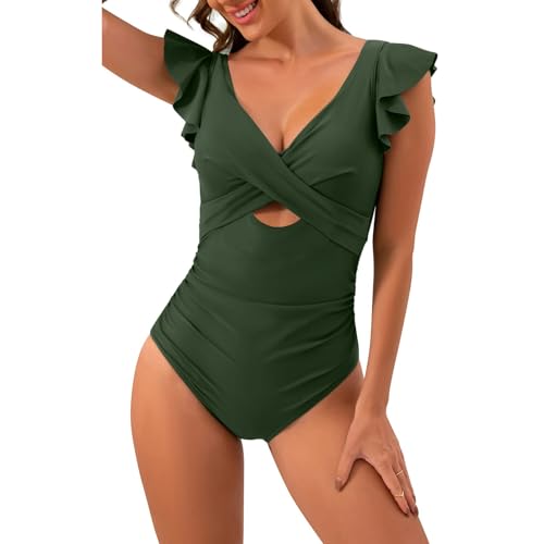 SNUOEN Damen Badeanzug Bauchweg Rüschen One Piece V Ausschnitt Badebekleidung Push up Hoch Monokini mit Bauchkontrolle Swimsuit Cross Swimwear von SNUOEN
