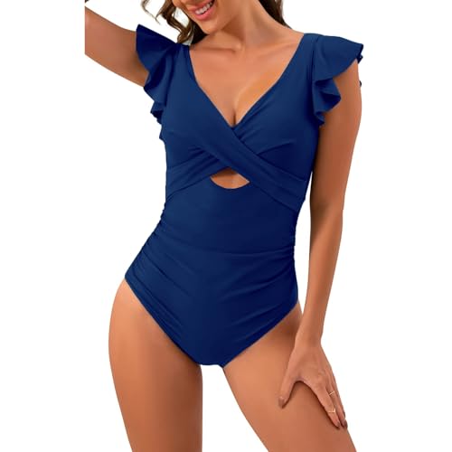 SNUOEN Damen Badeanzug Bauchweg Rüschen One Piece V Ausschnitt Badebekleidung Push up Hoch Monokini mit Bauchkontrolle Swimsuit Cross Swimwear von SNUOEN
