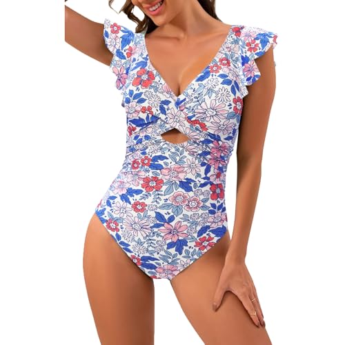 SNUOEN Damen Badeanzug Bauchweg Rüschen One Piece V Ausschnitt Badebekleidung Push up Hoch Monokini mit Bauchkontrolle Swimsuit Cross Swimwear von SNUOEN