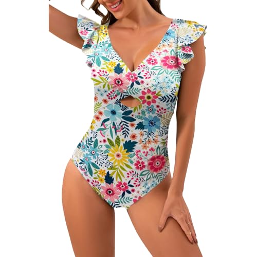 SNUOEN Damen Badeanzug Bauchweg Rüschen One Piece V Ausschnitt Badebekleidung Push up Hoch Monokini mit Bauchkontrolle Swimsuit Cross Swimwear von SNUOEN