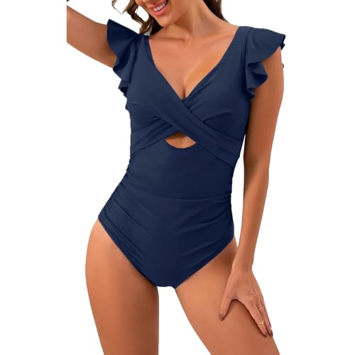 SNUOEN Damen Badeanzug Bauchweg Rüschen One Piece V Ausschnitt Badebekleidung Push up Hoch Monokini mit Bauchkontrolle Swimsuit Cross Swimwear von SNUOEN