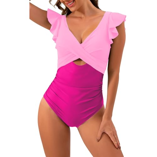SNUOEN Damen Badeanzug Bauchweg Rüschen One Piece V Ausschnitt Badebekleidung Push up Hoch Monokini mit Bauchkontrolle Swimsuit Cross Swimwear von SNUOEN