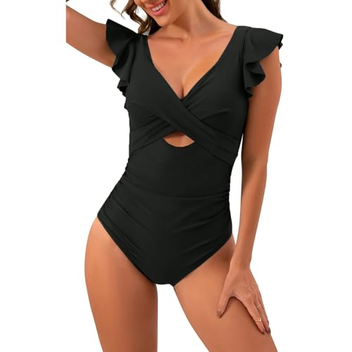 SNUOEN Damen Badeanzug Bauchweg Rüschen One Piece V Ausschnitt Badebekleidung Push up Hoch Monokini mit Bauchkontrolle Swimsuit Cross Swimwear von SNUOEN