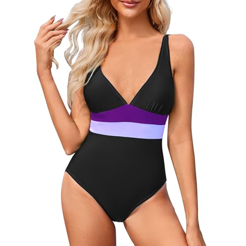 SNUOEN Damen Badeanzug V Ausschnitt Monokinis Bademode Farbverlauf am Bauch Trendige Bademode für Strand Swimsuit von SNUOEN