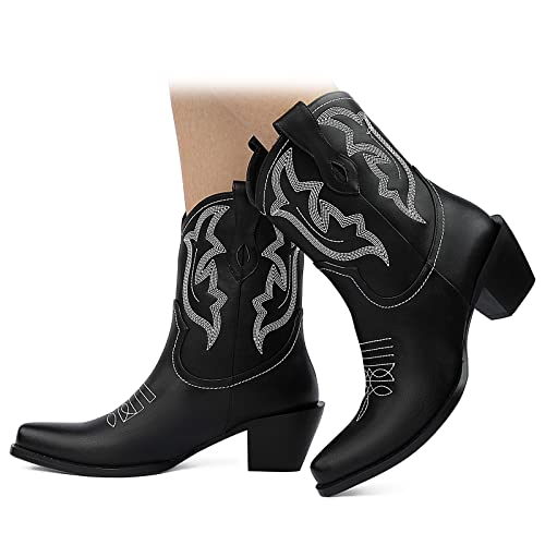 Damen Cowgirl Cowboy Stiefel Retro Westernstiefel Chunky Heel Pull On Reiten Kurze Stiefeletten, schwarz, 39 EU von SO SIMPOK