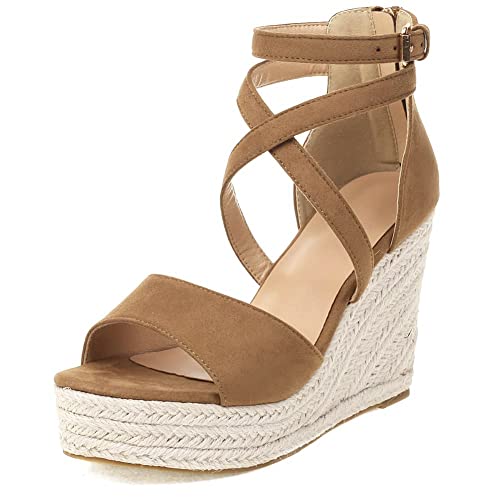 SO SIMPOK Espadrille Plateau Wedge Sandalen für Frauen Cross Band Dressy High Heel Sandalen Sommer Strand Schuhe, CAMEL, 40 EU von SO SIMPOK