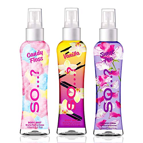 Body Mist By So…? Damen Körpernebel Candy Floss, Vanilla, Sweet Pea bodyspray Gemischte Duftbündel 100ml (3er-Pack) von SO…?