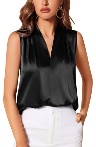 Damen Tank Top Ärmellose Satin Blusentop Basic Sommer Blusen Lässige Weste V-Ausschnitt Oberteile Shirt (Schwarz/M) von SOADKP