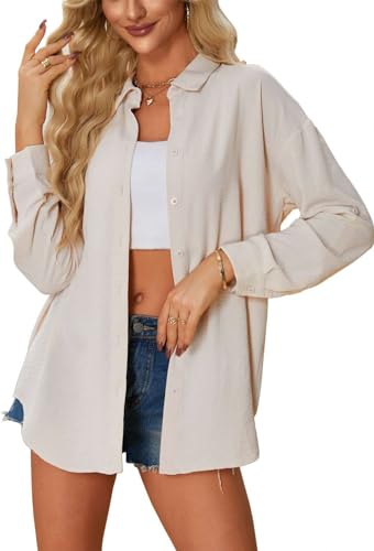 SOADKP Damen Bluse Elegant Oversize Longbluse Langarm Modern Hemdbluse Chiffon Anti Falten Lässiges Hemd Knöpfen Langarmshirt Blusenshirt Oberteile Tops (apricot/S) von SOADKP
