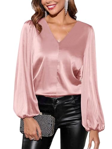 SOADKP Damen Bluse V-Ausschnitt Elegant Hemdbluse Langarm Shirt Glitzer Tops Festlich Oberteil (Rosa/L) von SOADKP