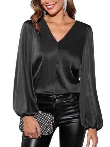 SOADKP Damen Bluse V-Ausschnitt Elegant Hemdbluse Langarm Shirt Glitzer Tops Festlich Oberteil (Schwarz/XL) von SOADKP