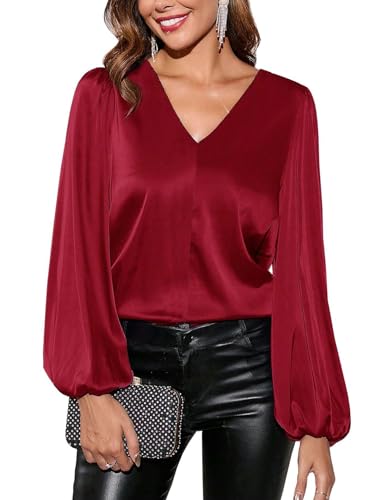 SOADKP Damen Bluse V-Ausschnitt Elegant Hemdbluse Langarm Shirt Glitzer Tops Festlich Oberteil (Weinrot/L) von SOADKP